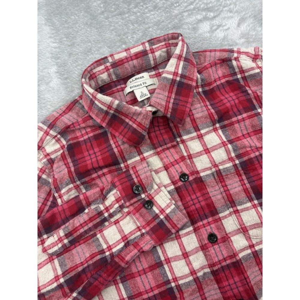 LL Bean Women's Flannel Plaid Relaxed Fit Red White Size Small Petite